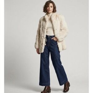Vintage Rabbit Hair Fur Jacket Cream Shawl Collar Drawstring Waist Medium